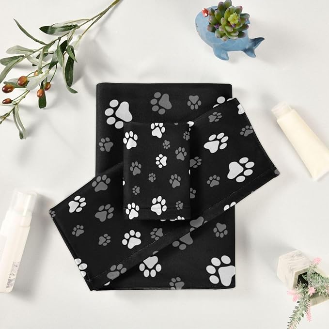 3 Piece Black White Grey Dog Paw Print Bath Towel Set,Microfiber Decorative Cute Puppy Animal Footprints Bathroom Towels,1 Bath Towel 1 Hand Towel for Bathroom Kitchen,1 Washcloth for Face
