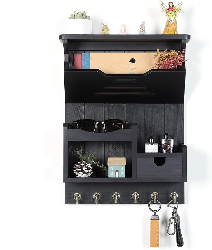 DOPACE Key Holder for Wall, Mail and Key Holder, Mail Organizer Wall Mount with Storage Drawer and 6 Hooks, Easy Installation Key Rack for Entryway and Home Decor, Black