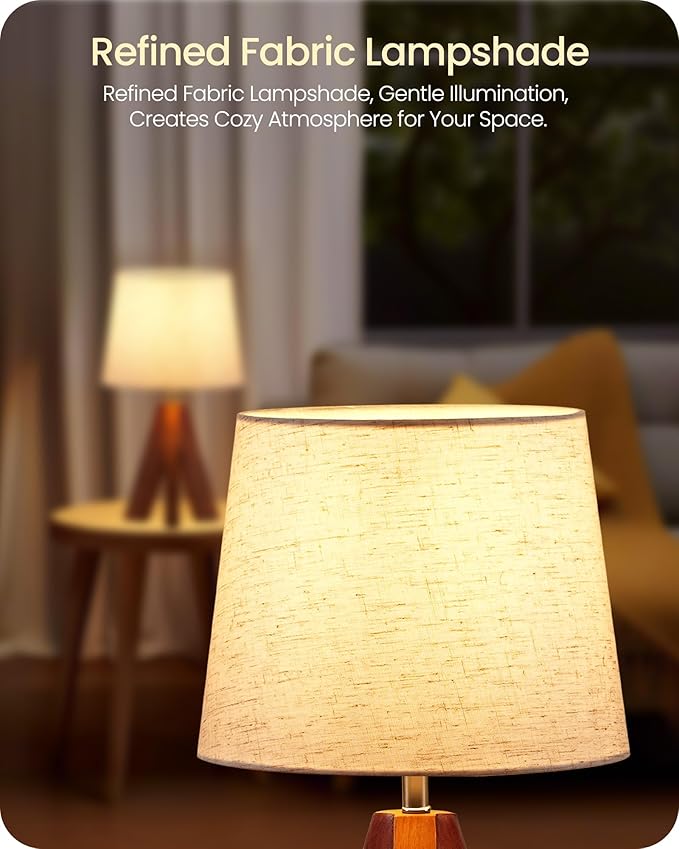 Wood Tripod Table Lamp — Warm Ambient Glow, Beige Fabric Shade