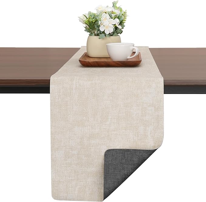 Table Runners 72 Inches Long, Dual-Sided Faux Leather Farmhouse Table Runner Waterproof Non-Slip for Living Room Party Home Decor Holiday Decorations(Gray Cream-White, 15 x 72 Inch)