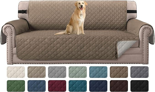 H.VERSAILTEX Reversible Quilted Sofa Cover Water Resistant Sofa Slipcover Washable Couch Cover with Non Slip Elastic Strap Furniture Protector for Kids, Dogs, Pets(Sofa, Taupe Brown/Beige)