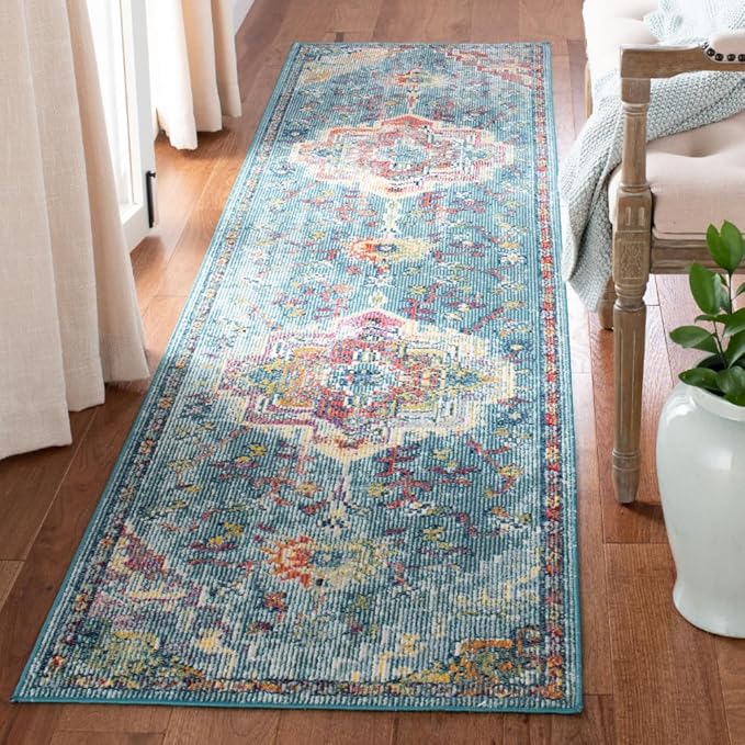 SAFAVIEH Crystal Collection Runner Rug - 2'2" x 9', Teal & Orange, Medallion Distressed Design, Non-Shedding & Easy Care, Ideal for High Traffic Areas in Living Room, Bedroom (CRS501J)