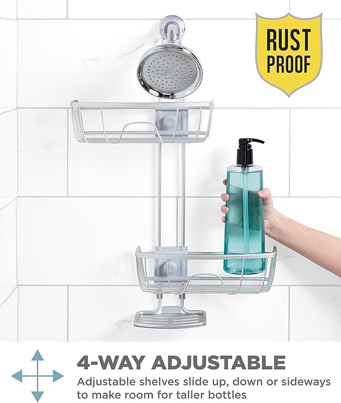 Zenna Home NeverRust Shower Caddy Hanging Bathroom Organizer, Aluminum Shower Rack with 2 Adjustable Shelves and Built in Hooks, Over Shower Head Storage System, Satin Chrome