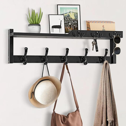 4 in 1 Coat Rack Wall Mount with Shelf, Coat Hooks 25.2" Entryway Coat Hanger with Key Hooks and Mail Holder, Wall Hooks with Shelf, Hat Rack for Wall Key Holder Mail Organizer