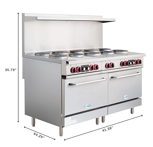 KoolMore KM-CR60-E 60 in. Commercial Range with 10 Burners and 2 Standard Electric Ovens in Stainless Steel-208V 3-Phase, CSA Listed, Solid Black