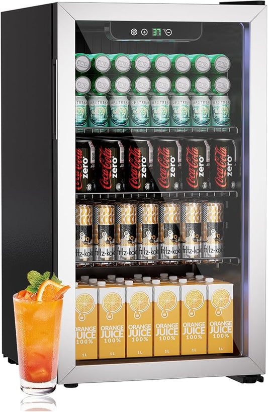 3.0 Cu.ft Beverage Refrigerator Cooler, 105 Can Mini Fridge with Glass Door, Digital Temperature Display for Soda, Beer or Wine For Office Bar with Adjustable Removable Shelves