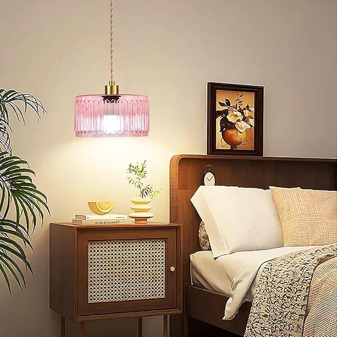 Pink Plug in Pendant Light Glass Hanging Lights with Plug in Cord Boho Hanging Lamp Gold Mid Century Modern Vintage Dimmable Flower Plug in Chandelier Ceiling Fixture for Living Room,Bedroom
