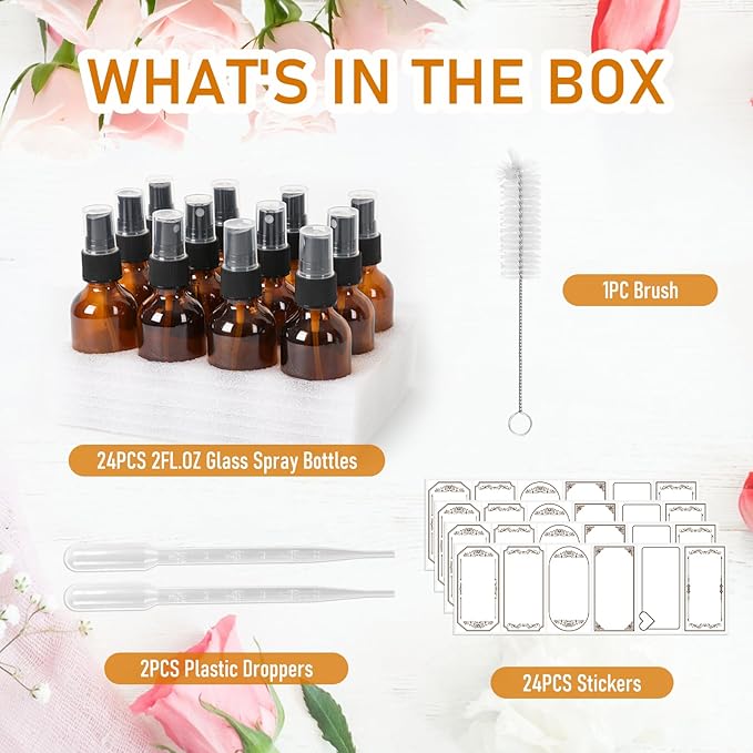 60ml Glass Spray Bottles with Fine Mist Sprayer 24Pack, Small Amber Glass Spray Bottles 2 oz for Perfumes,Cleaning Products,Pet Spray (2fl.oz, Set of 24)