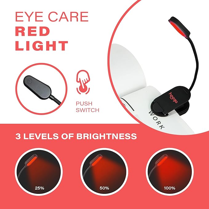 Hooga Red Book Light, Clip On 625nm LED Light for Reading in Bed, No Blue Light, Eye Care, Gift for Students, Kids, Travel, Nursing, Studying