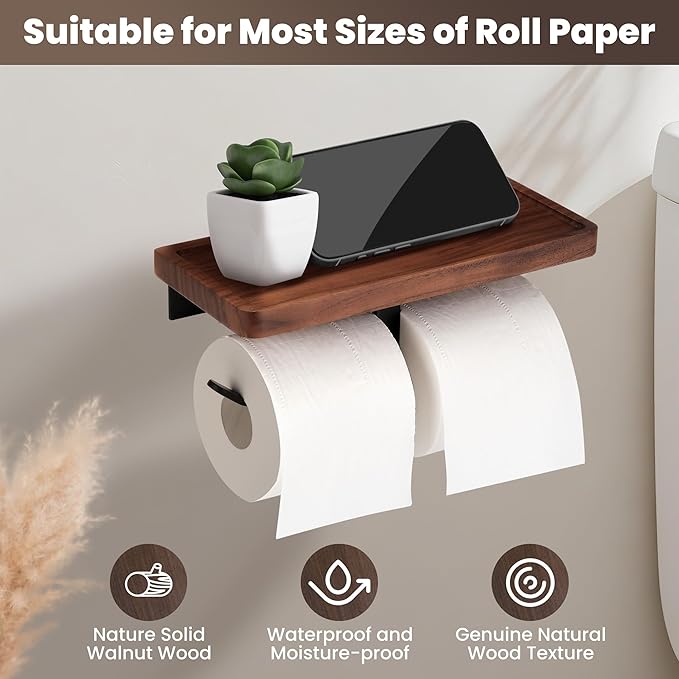 Double Toilet Paper Holder with Walnut Wood Shelf - Wall Mount & Self-Adhesive Bathroom Tissue Roll Holder, Black Stainless Steel with Walnut Shelf for Phone - Home Apartment Restroom