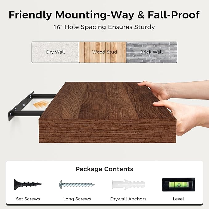 Fun Memories 12 Inch Floating Shelf, Rustic Wood Wall Shelves for Wall Decor & Storage, 12 x 12 Floating Shelf for Living Room, Bathroom, Bedroom, Walnut, Set of 2