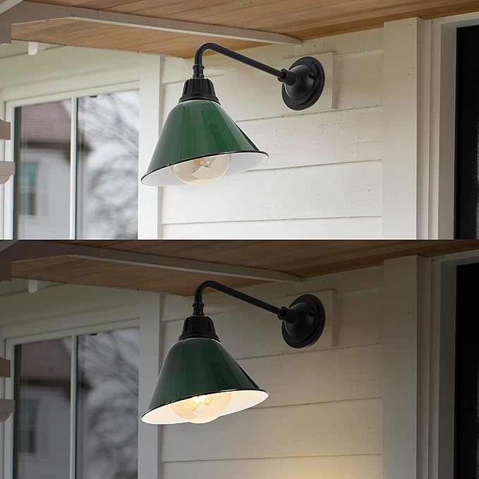 JONATHAN Y JYL7612F Croydon 9.63" 1-Light Farmhouse Industrial Indoor/Outdoor Iron LED Gooseneck Arm Outdoor Sconce Metal Bell Shade Vintage Cottage Rustic Porch Patio Yard Barn, Green