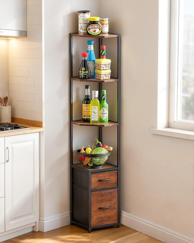 Corner Shelf Stand 6-Tier - 63.8" Tall Corner Bookshelf with Storage Drawers