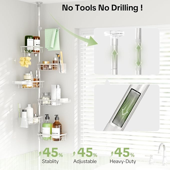Shower Tension Rod Organizer, 6 Tier Rustproof Corner Shower Caddy Tension Pole with Soap Holder & Hooks, Adjustable 30-121 Inch Bathroom Shelf for Renters - Family Stand Storage Rack, Silver