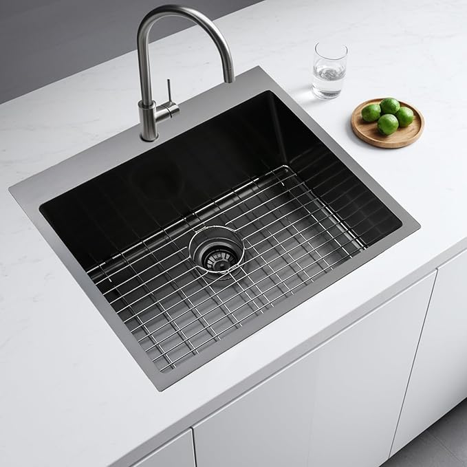25 Inch Black Drop In Kitchen Sink, 25 x 22 Inch16 Gauge Single Bowl Stainless Steel Handmade Topmount Black Sink RV Bar Sink Basin with Accessories