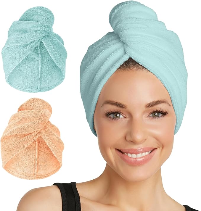 Turbie Twist 2-Pack Microfiber Hair Towel for Beauty, Travel, Gifting - Hair Wrap Turban for Straight, Wavy & Curly Hair - Premium Personal Care - Bermuda & Peach