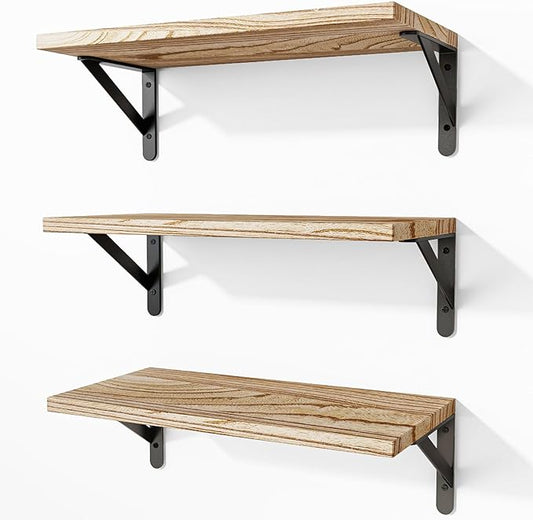 Fixwal Floating Shelves for Wall, Wood Wall Mounted Shelves for Bedroom, Bathroom, Living Room, Kitchen Storage and Decor(Rustic Brown, Set of 3, 16.5 Inch)