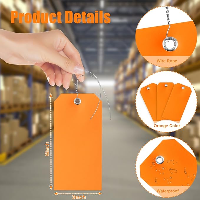 100 Pieces 3x6 inch Large Plastic Shipping Tags with String Heavy Duty Waterproof Hang Tags with String Attached Writable Wire Tags Labels for Luggage Garage Inventory Car Parts (Orange)