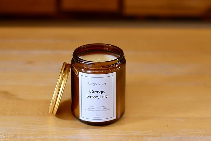 Orange, Lemon, Lime Coconut Wax Candle Non Toxic Aromatherapy Candle with Essential & Prime Rated Natural Fragrance Oils, Clean Burning Amber Jar Candle, 7 oz Small Batch