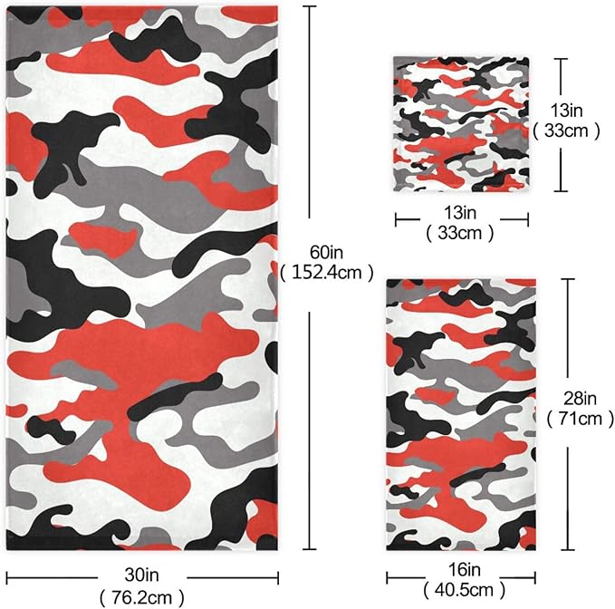 3 Piece Red Black Camo Bath Towels Set,Microfiber Decorative Camouflage Military Army Hunting Themed White Gray Bathroom Towels,1 Bath Towel 1 Hand Towel for Kitchen,1 Washcloth for Body Face