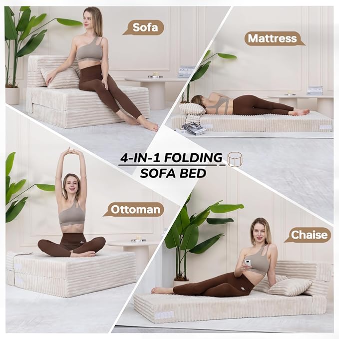 Folding Sofa Bed Twin, Convertible Sleeper Chair with Pillow, Fold Out Couch, High-Density Futon Chair Bed, Foldable Sofa Sleeper Floor Couch for Bedroom Living Room Dorm Guest Room, Beige