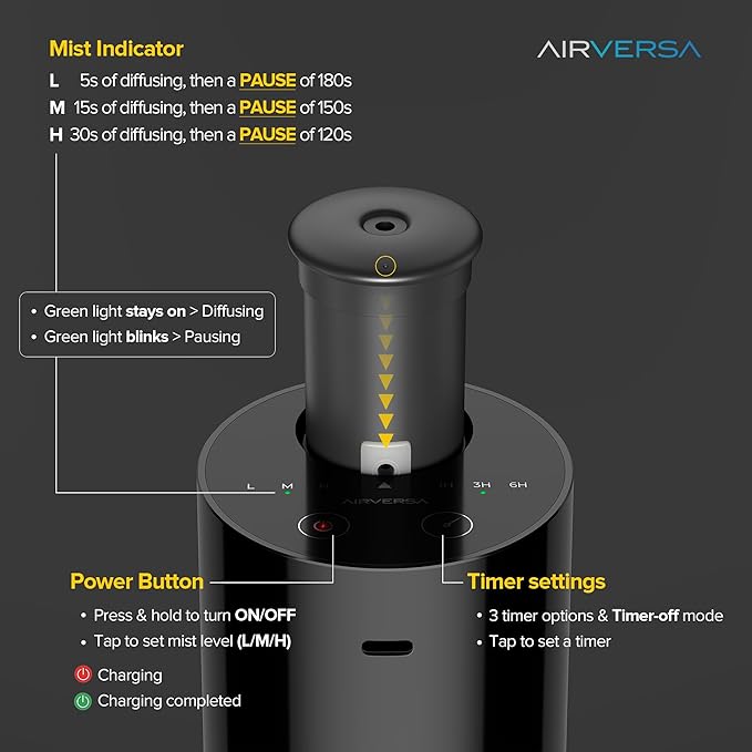 Airversa Waterless Essential Oil Diffuser Starter Kit with 30mL Hotel Fragrance Oil Inspired by Blagio, Battery Operated Car Diffuser, Portable Aroma Nebulizer for Home Car Office, AN6Kit-4, Black