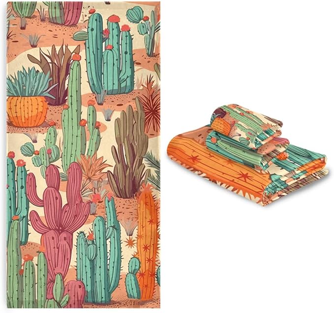 3 Piece Western Desert Cactus Bath Towels Set,Microfiber Absorbent Tropical Orange Green Succulent Towels for Bathroom,1 Bath Towel,1 Hand Towel,1 Washcloth,Decorative Guest Bathroom Towels