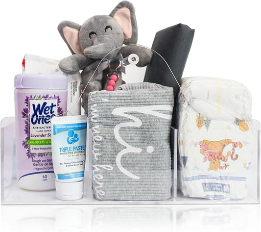 Acrylic Diaper Caddy Organizer - Stylish Portable Nursery Storage Basket with Handle & 3 Spacious Compartments - Perfect for Diapers, Wipes, Creams - Baby Shower & Nursery Must Haves