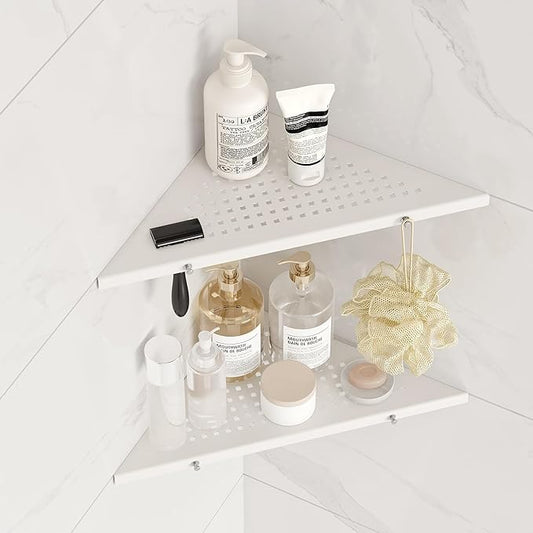 10" Bathroom Corner Shelf, 2 Pack Recessed Shower Shelf Caddy, SUS304 Stainless Steel Shelf Wall Mount Triangular, No Drilling Matte White