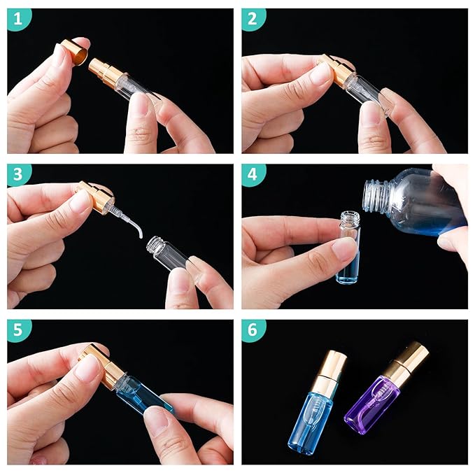 Zhehao 50 Pcs Mini Spray Bottles 3 ml Clear Glass Perfume Bottles Refillable Fine Mist Perfume Atomizer Portable Empty Sample Containers for Cleaning, Essential Oils, Travel (Gold Cap)