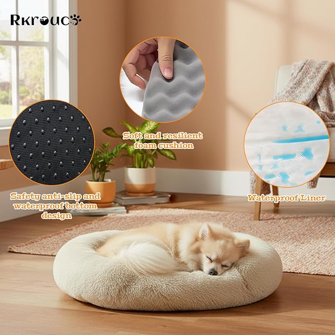 Fluffy Dog Bed Calming Donut Beds for Large Dogs Warming Round Small Medium Pet Nest Cozy Cat Mattress Indoor Washable Puppy Kennel Kittens Sleep Mat (L, 35.4×35.4 inch, Khaki)