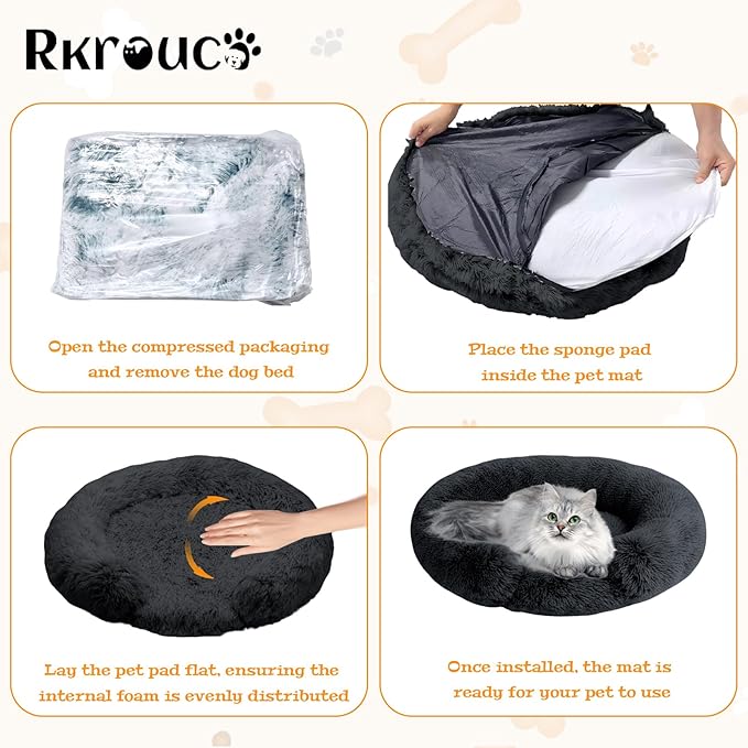 Fluffy Dog Bed Calming Donut Beds for Large Dogs Warming Round Small Medium Pet Nest Cozy Cat Mattress Indoor Washable Puppy Kennel Kittens Sleep Mat (L, 35.4×35.4 inch, Dark Gray)