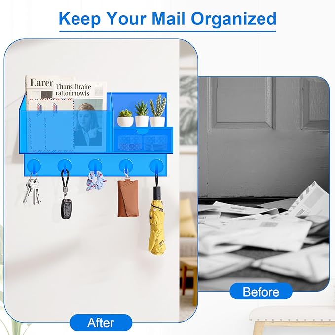 Acrylic Key Holder Wall Mount Mail Organizer for Wall with Shelf Storage Drawer and 5 Hooks, Blue