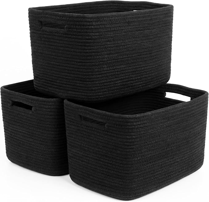 Storage Baskets for Organizing, 14 x 10 x 9” Closet Shelf Woven Baskets, Square Bins with Handles, Cotton Rope Basket for Toys, Clothes, Office, Room, Black 3 Pack