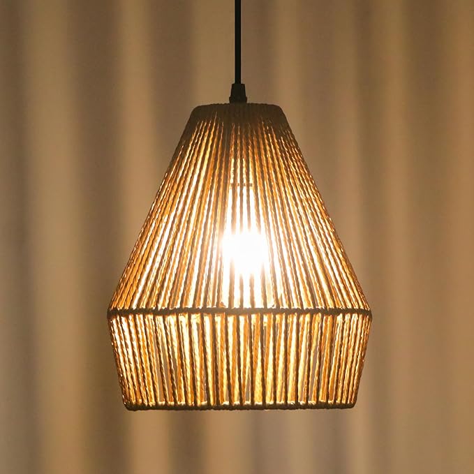 8.7'' Woven Rattan Pendant Lights Kitchen Island 2 Pack, Boho Pendant Light with Handwoven Wicker Shade, Coastal Farmhouse Hanging Light Fixture for Bedroom Dining Room Foyer Bar Hallway