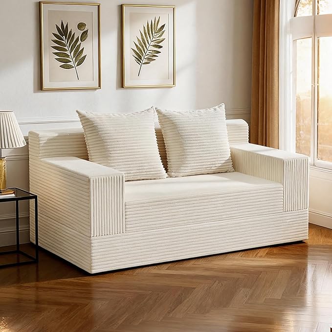 Convertible Sofa Bed, Loveseat Folding Floor Futon Sleeper Sofa Couch Bed- Boneless Foldable Couch, Corduroy Pull Out Sofa Bed with 2 Pillows for Living Room & Bedroom