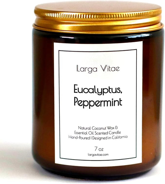 Eucalyptus, Peppermint Coconut Wax Candle Non Toxic Aromatherapy Candle with Essential & Prime Rated Natural Fragrance Oils, Clean Burning Amber Jar Candle, 7 oz Small Batched