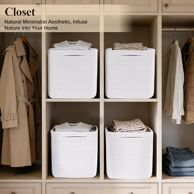 Storage Cubes 11 Inch Storage Baskets for Shelves, Set of 3 Cotton Rope Woven Baskets for Organizing, Cube Storage Square Bins for Toy, Playroom Decor, Classroom, Closet, White