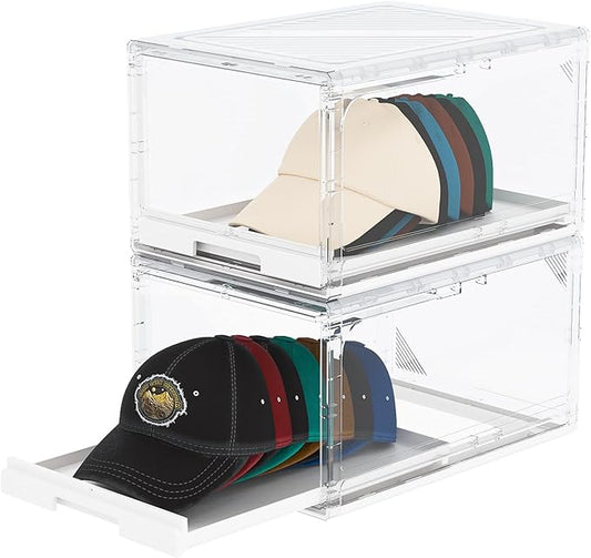 Hat Organizer for Baseball Caps 2 Pack, Clear Hat Holder Box Containers with Drawer Stackable Cap Storage Display Case for Hats Snapback Cap