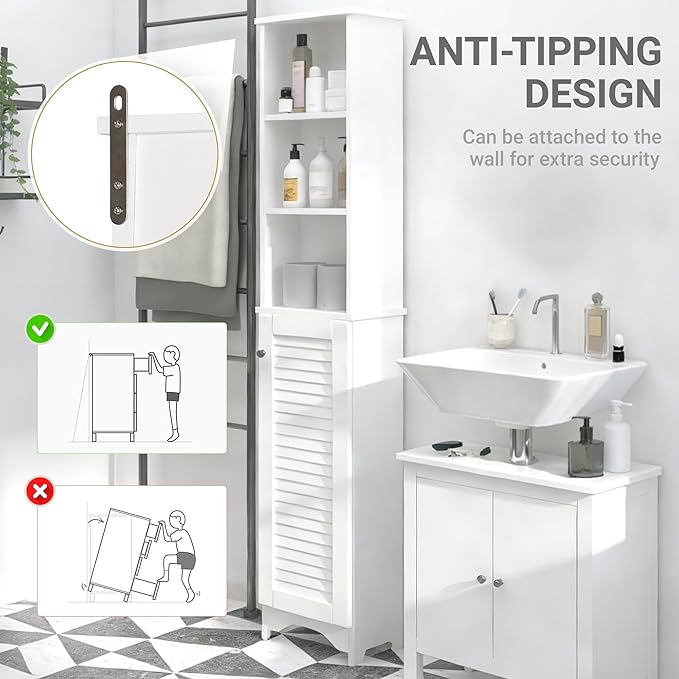 HOMCOM Tall Bathroom Storage Cabinet/Freestanding Linen Tower with 3-Tier Open Adjustable Shelf, White