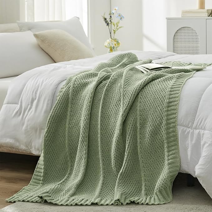 Amélie Home Chevron Chenille Knit Throw Blanket for Couch, Cozy Texture Decorative Soft Blanket for Sofa & Chair, 60"x80", Sage Green
