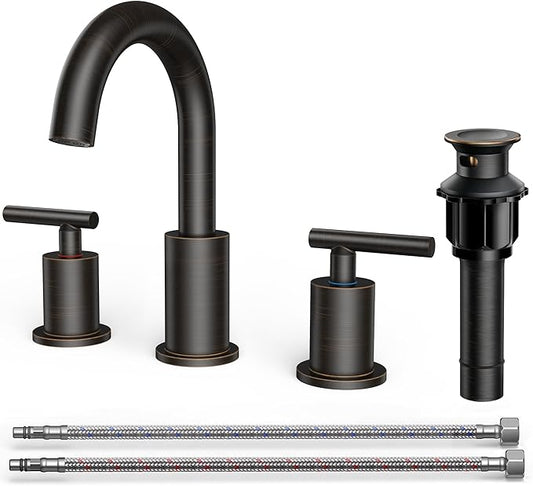 FORIOUS Oil Rubbed Bronze Bathroom Faucets 3 Hole, 8 in Widespread Bathroom Sink Faucet Bronze with Pop Up Drain, 3 Piece Vanity Faucet ORB with 24" CUPC Supply Hoses, 6" to 10" Sink Restroom Remodel
