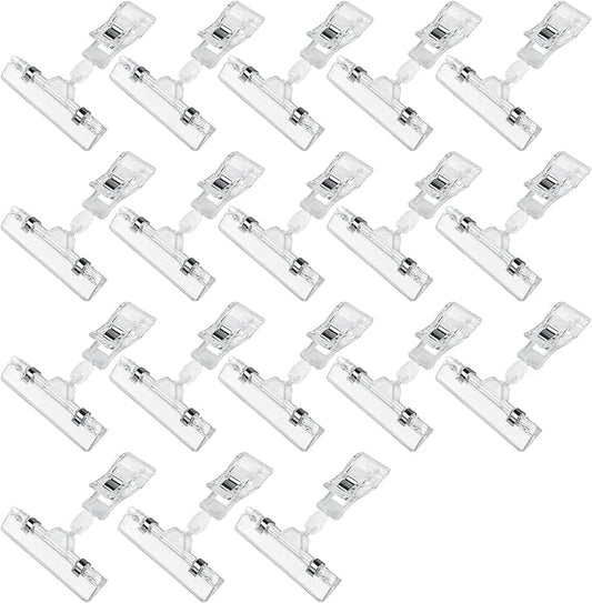 Clear Sign Clips Merchandise Display 18 Pack Plastic Label Pop Clips on Sign Holder Shelf Double Sided Swivel Price Tag Clips on Clothing Rack Signs Rotatable Menu Clips for Sale Retail Display
