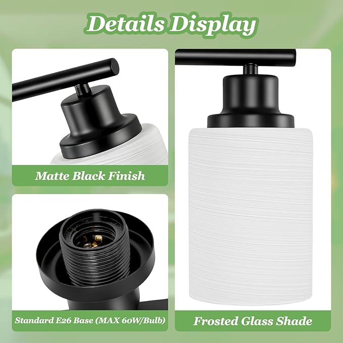 8-Light Vanity Lights, Black Bathroom Light Fixture with Striped Textured Milky White Glass Shade, Modern Vanity Lighting Fixture for Bathroom Wall Light Over Mirror, E26 Wall Sconce