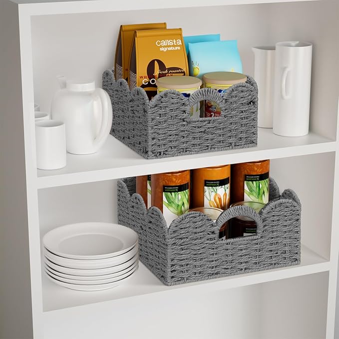 Scalloped Wicker Basket Natural Paper Rope Storage Baskets with Handles Handwoven Organizer Bin Wicker Storage Baskets for Home Decor, Organizing, 2 Pack (Grey)