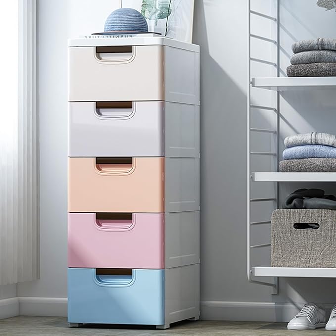 5 Drawer Stackable Storage Tower,Plastic Drawers Dresser,Narrow Rolling Storage Cabinet for Livingroom Bedroom,Colored