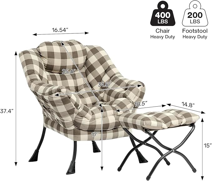 HollyHOME Lazy Chair with Foldable Ottoman, Accent Comfy Lounge Armchair and Folding Footrest Stool, Leisure Sofa Reading Chair and Footstool for Living Room, Bedroom, Dorm,Plaid Pattern