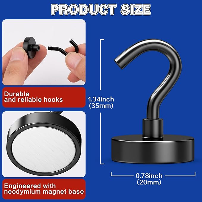 6Pack Strong Magnetic Hooks Heavy Duty, Magnet Hooks, 35lbs Metal Magnetic Hooks for Cruise Cabins, Magnet with Hooks, Magnet Hook, Magnetic Hook for Hanging, Refrigerator, Garage