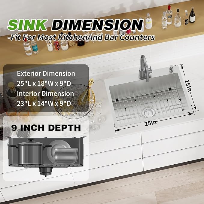 Kitchen And Bar Sink, 25x18 Inch Stainless Steel Drop In Kitchen Sink Modern Single Bowl Topmount Bar Sink Combo-SS Grid,Spoon Rest,Drain Strainer Set Compatibility With Various Kitchen & Bar Style