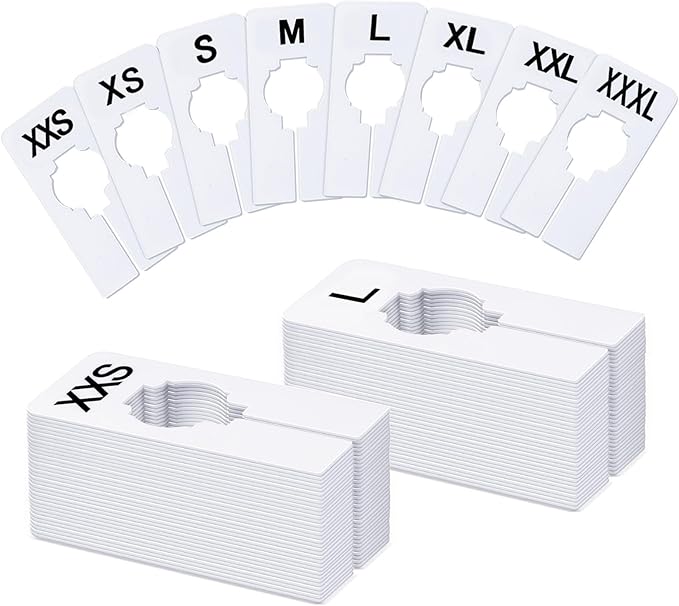 tutata 40 PCS Closet Dividers, Writable and Reusable Closet Rack Dividers Hangers, Preprinted in 8 Sizes XXS, XS, S, M, L, XL, XXL, XXXL (White)